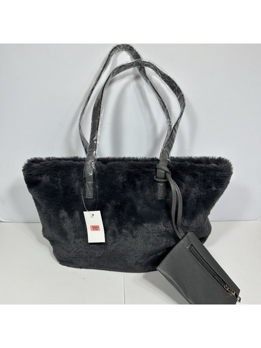 NWT Unbranded Faux Fur Plush Tote Bag Soft Shoulder Handbag Gray W Coin Purse L